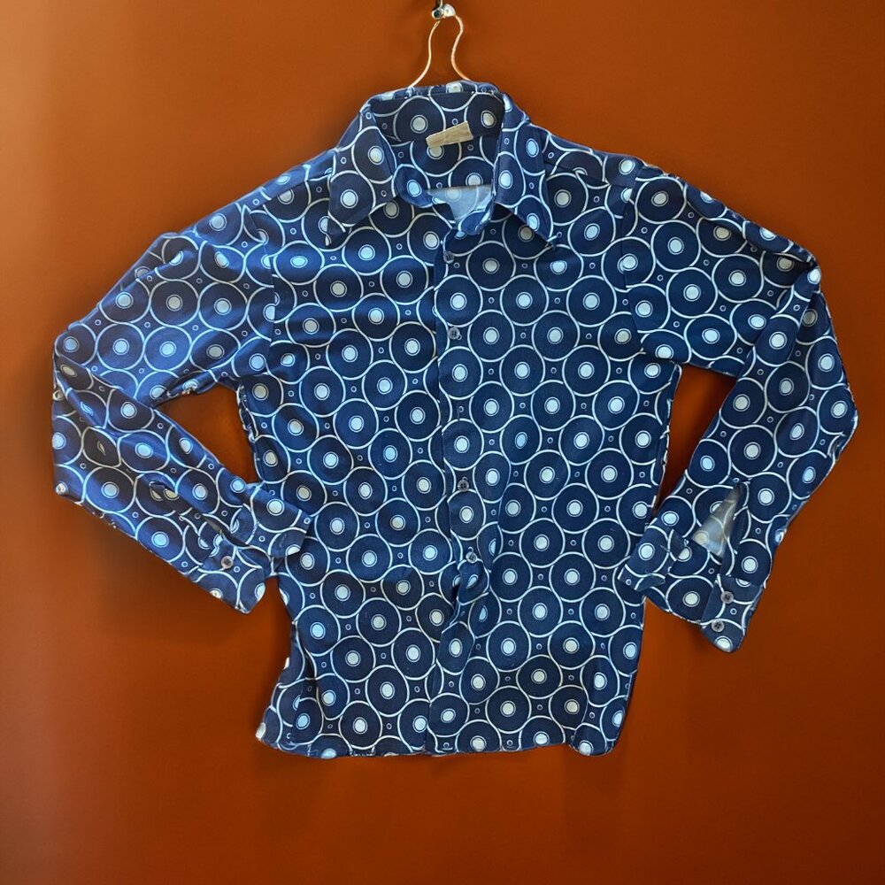 Men's Retro 70s Vintage Disco Blue White Long Sleeve Button Up Shirt Size Small - Picture 3 of 4